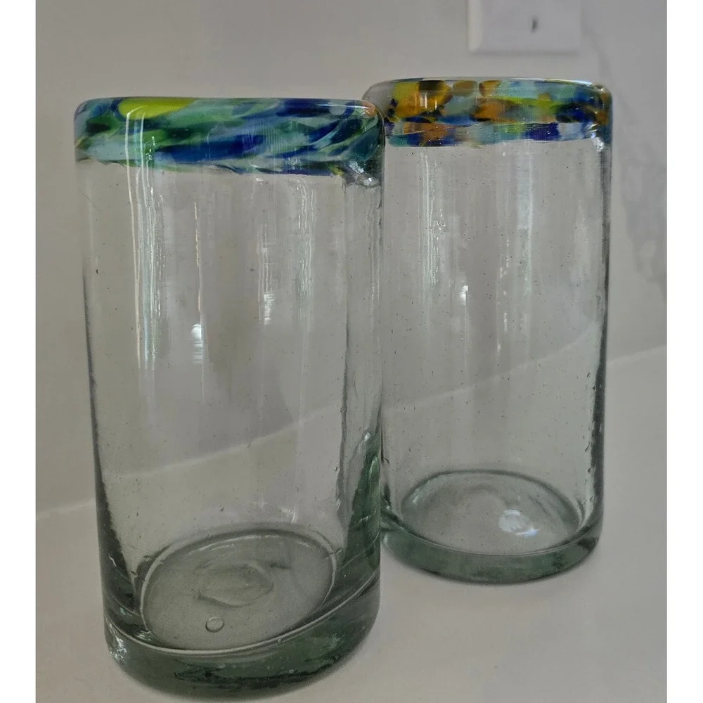 Mexican Hand Blown‎ Highball Glasses Confetti Swirl Rim Recycled Glass Set of 2